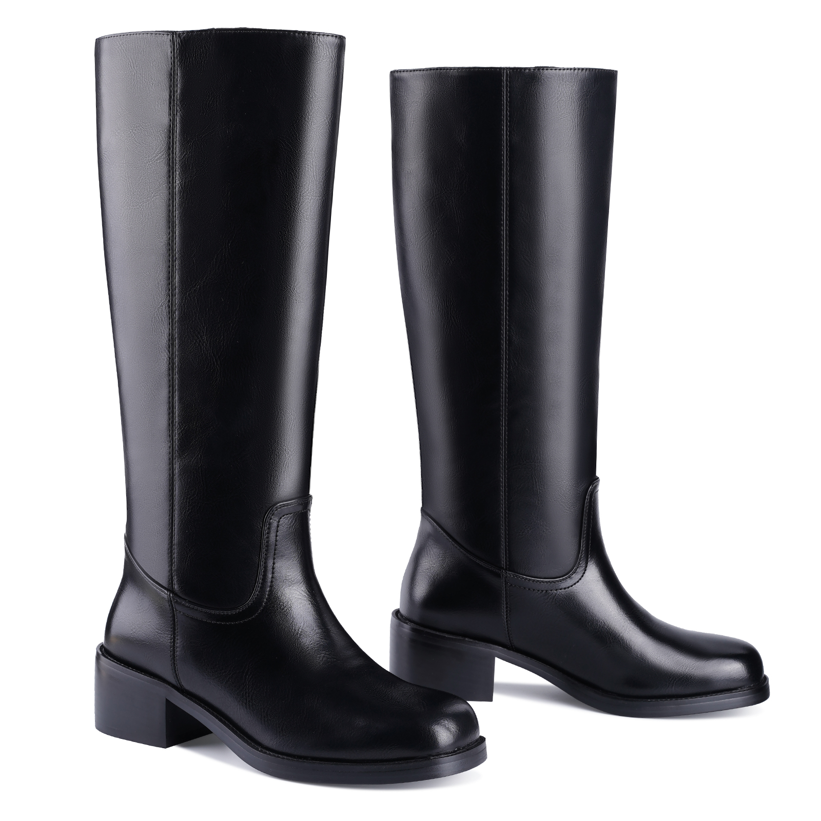 Women's Banana Knee High Boots Square Toe Chunky Low Heel Pull on Ridding Boots