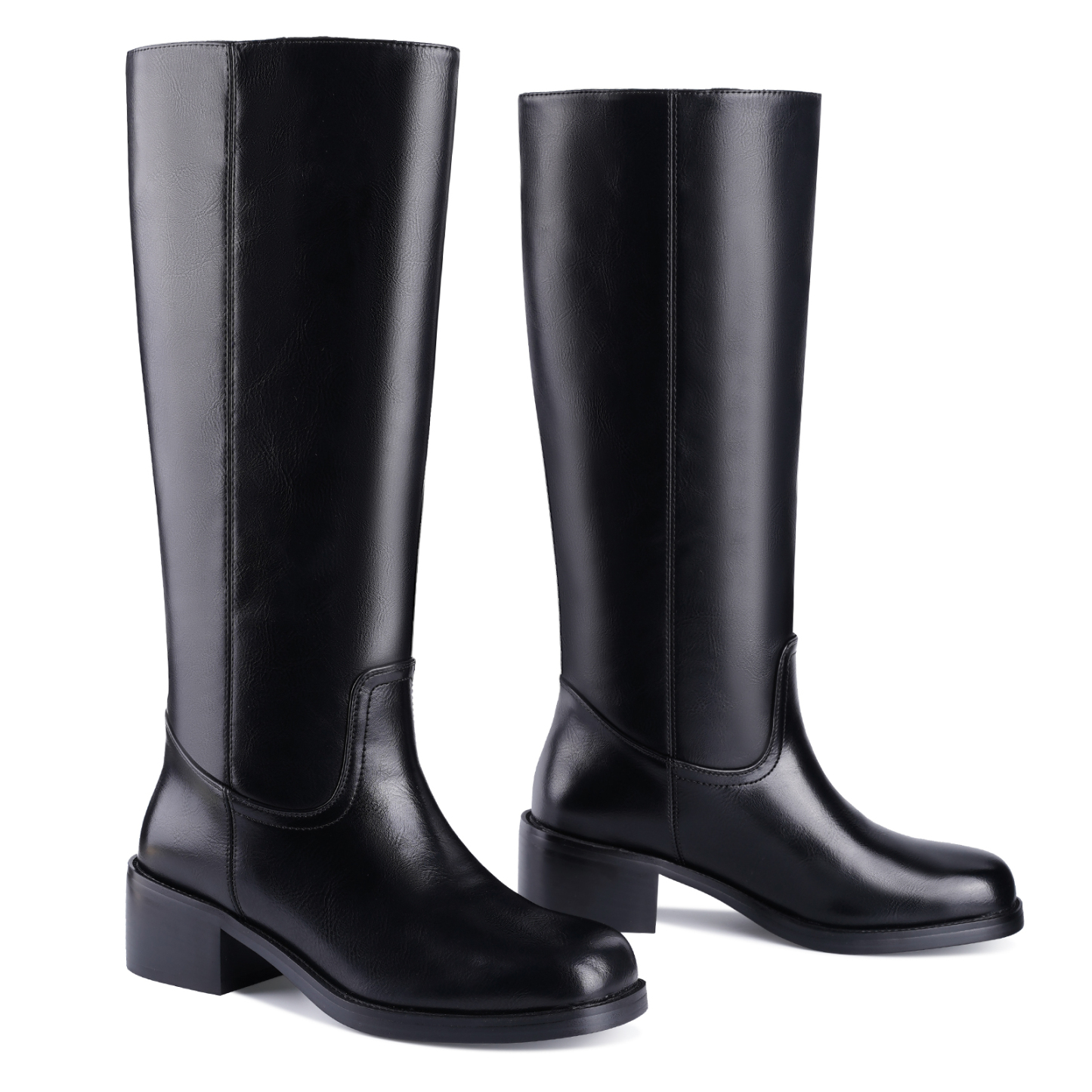 Women's Banana Knee High Boots Square Toe Chunky Low Heel Pull on Ridding Boots