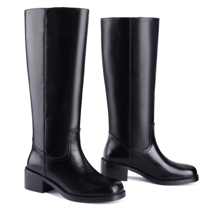Women's Banana Knee High Boots Square Toe Chunky Low Heel Pull on Ridding Boots