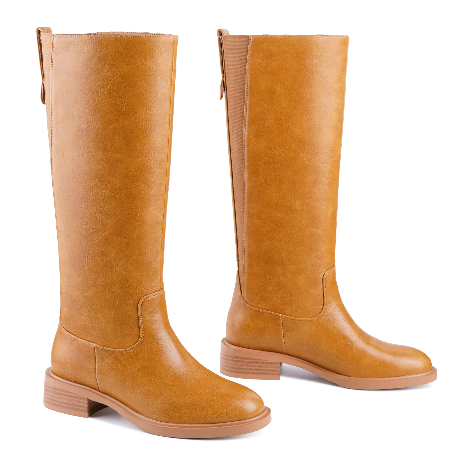 Women's Chunky Heel Knee High Boots Pull Tag Square Toe Tall Boots