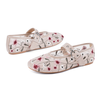 Mesh Ballet Flats for Women Embroidered Floral Round Toe Mary Jane Flats
