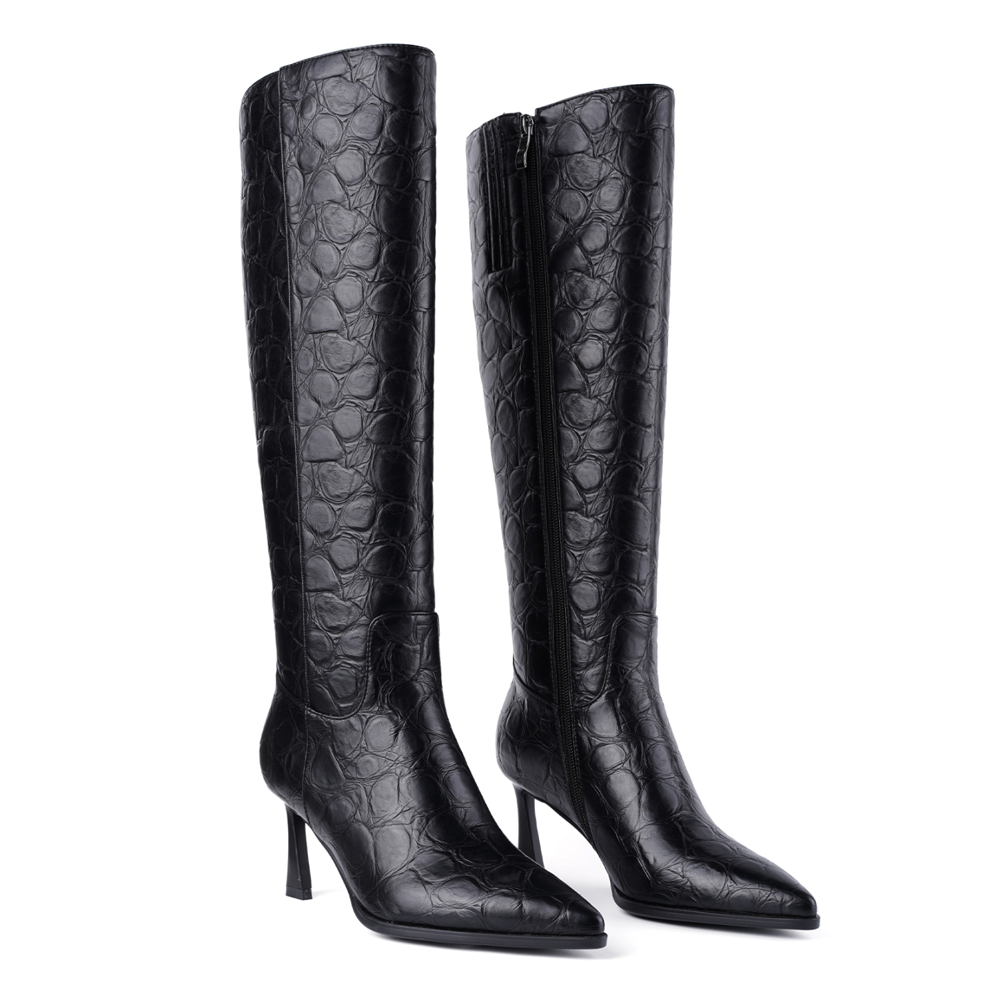 Women Kitten Heel Knee High Boots Pointed Toe Stone Pattern Tall Boots