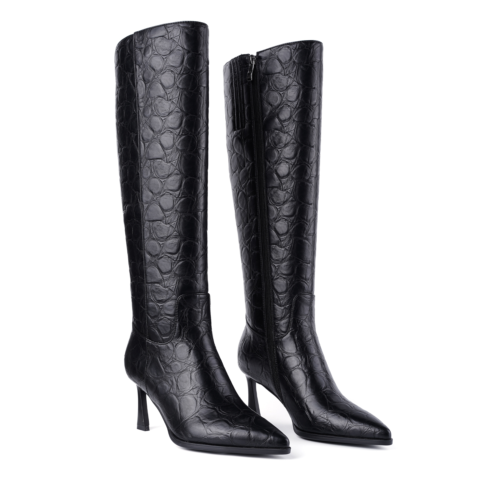 Women Kitten Heel Knee High Boots Pointed Toe Stone Pattern Tall Boots