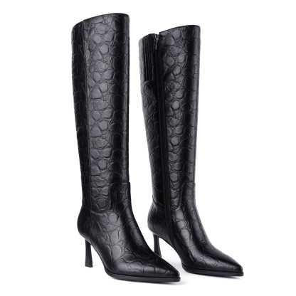 Women Kitten Heel Knee High Boots Pointed Toe Stone Pattern Tall Boots