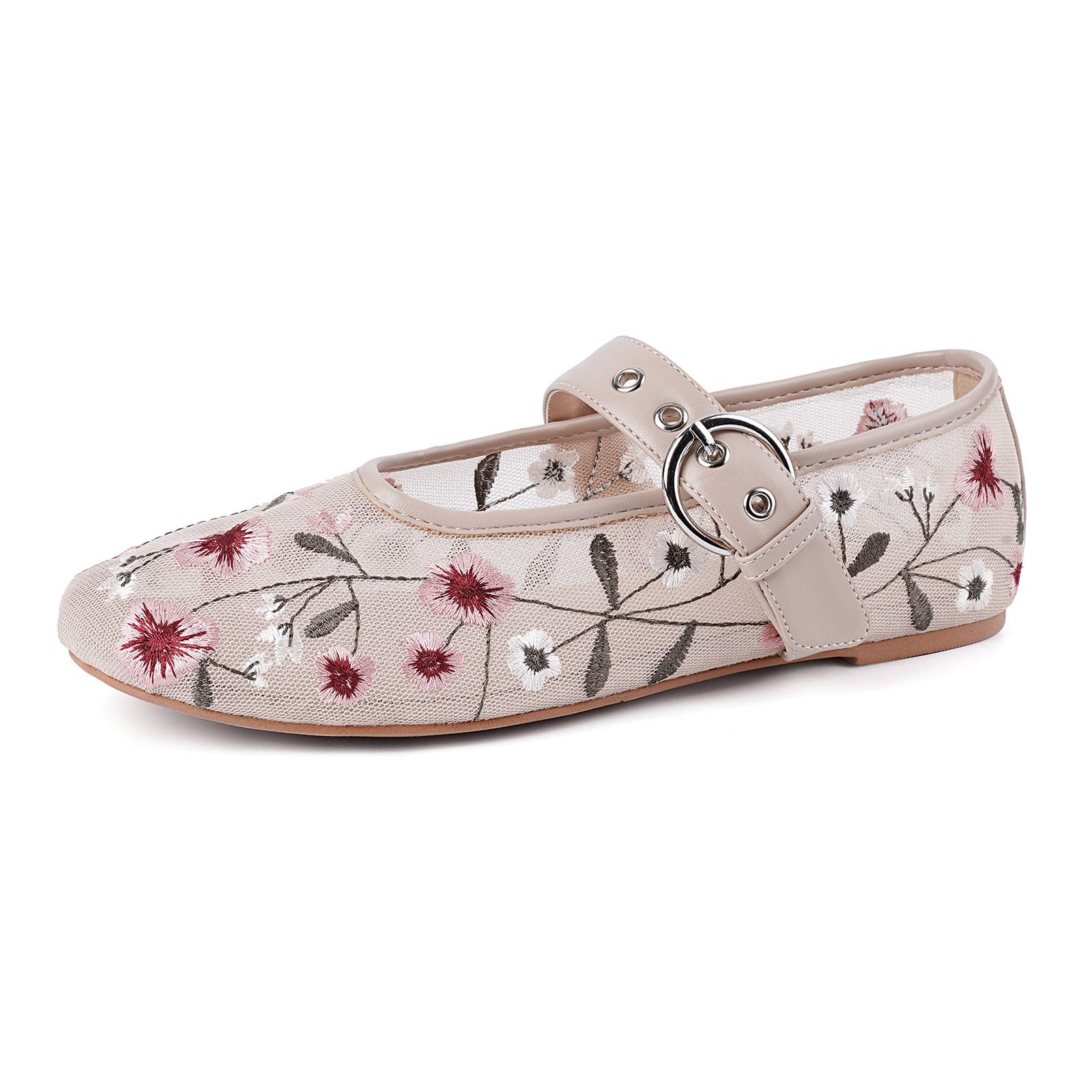 Mesh Ballet Flats for Women Embroidered Floral Round Toe Mary Jane Flats