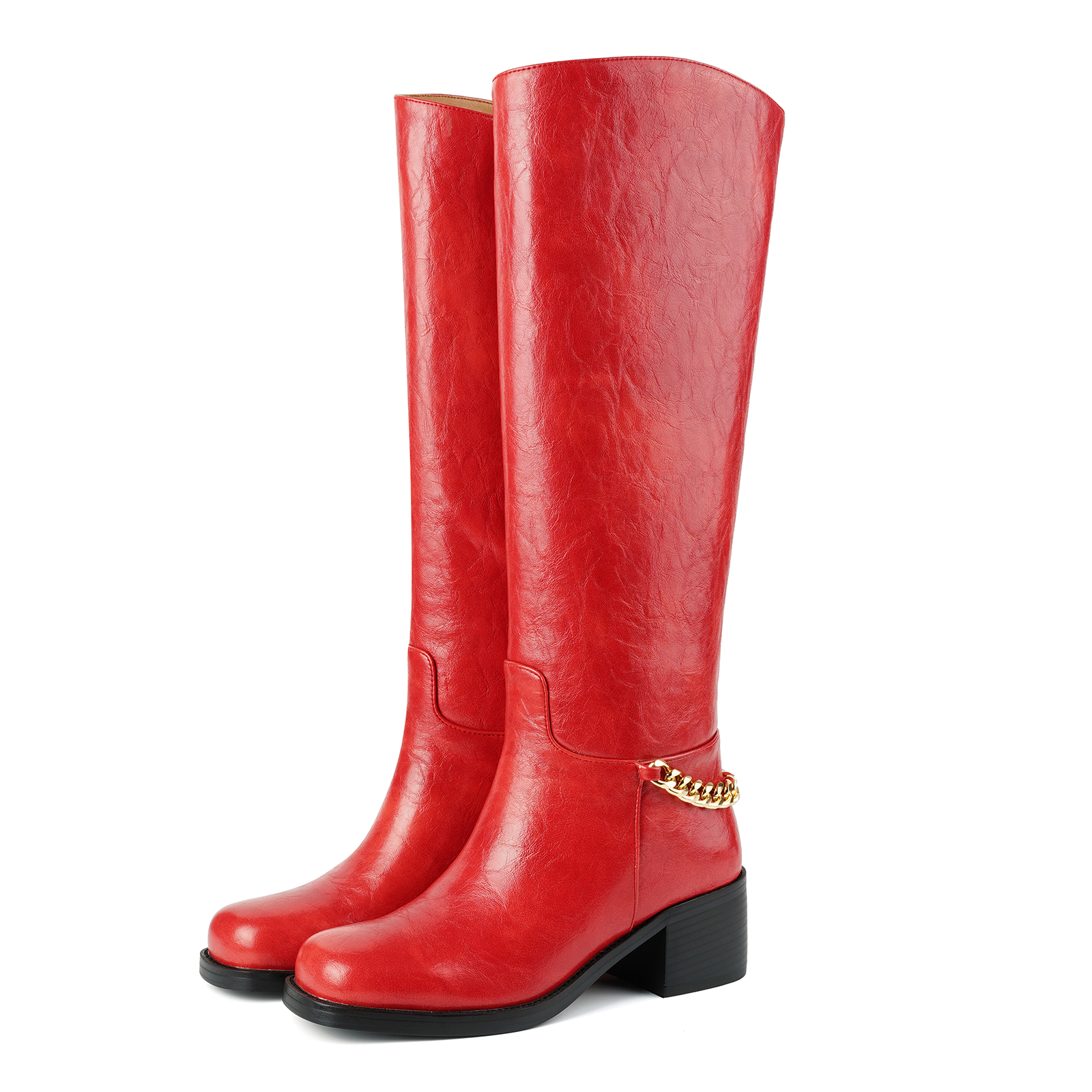 Women's Chunky Heel Knee High Boots with Gold Chain