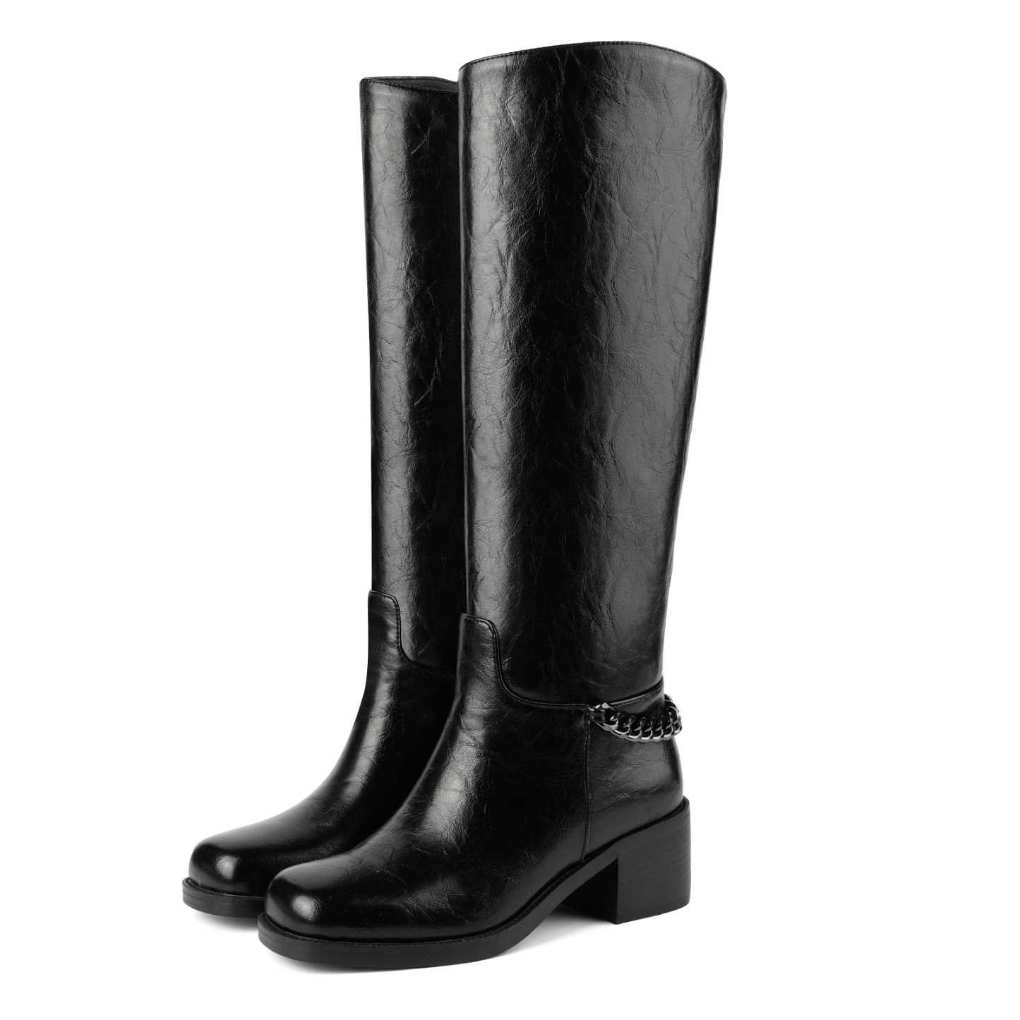 Women's Chunky Heel Knee High Boots with Gold Chain