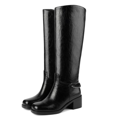 Women's Chunky Heel Knee High Boots with Gold Chain
