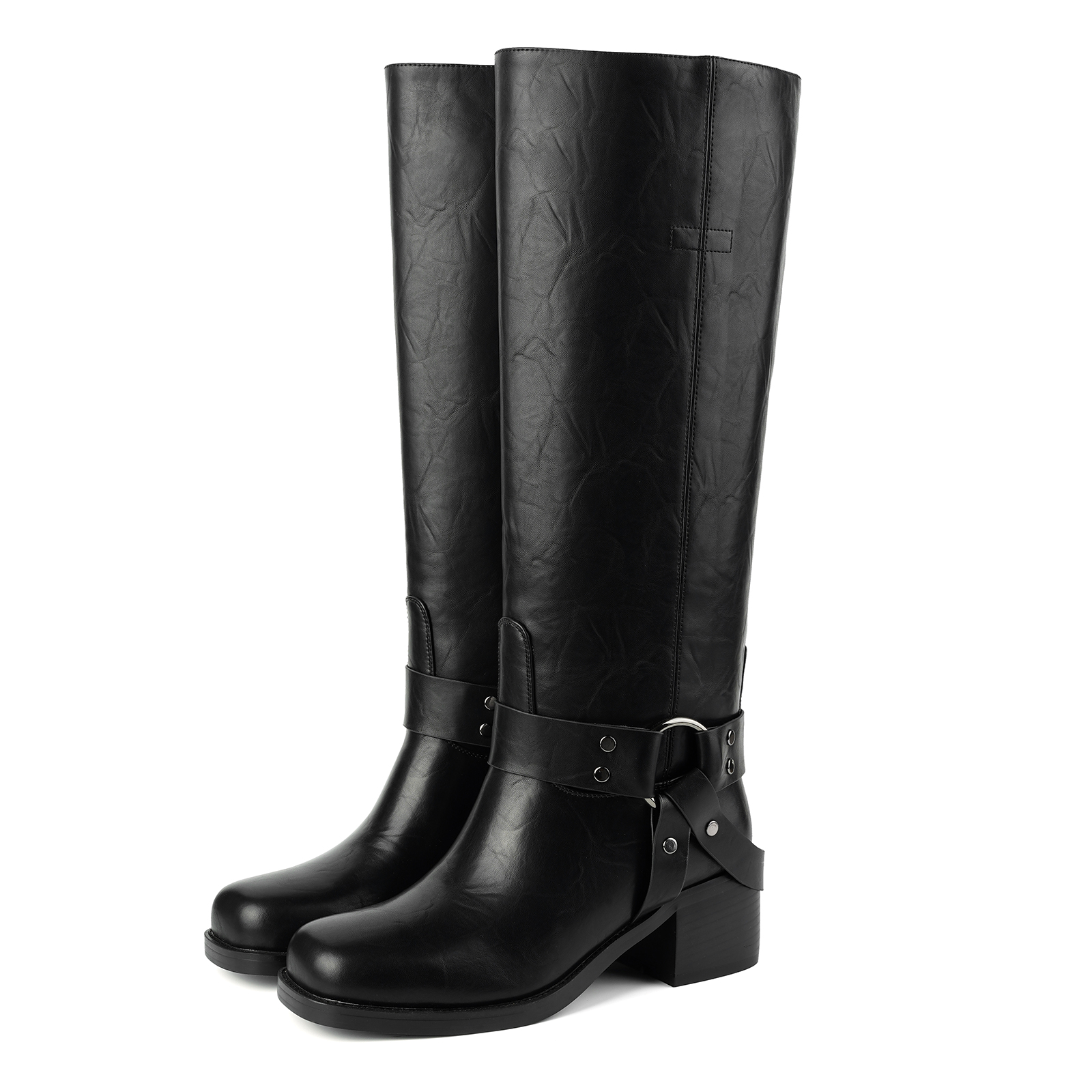 Women's Chunky Heel Knee High Boots with Buckles