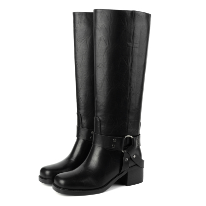 Women's Chunky Heel Knee High Boots with Buckles