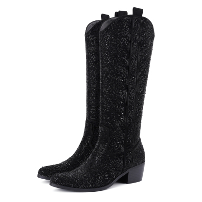 Women's Embroidered Rhinestone Western Cowboy Boots Knee High Boots