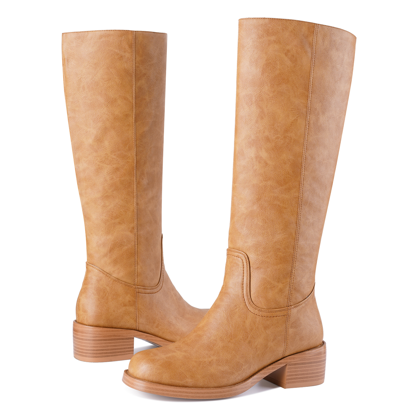 Women's Banana Knee High Boots Square Toe Chunky Low Heel Pull on Ridding Boots