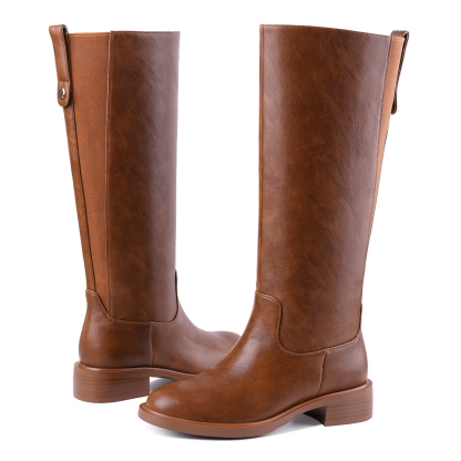 Women's Chunky Heel Knee High Boots Pull Tag Square Toe Tall Boots