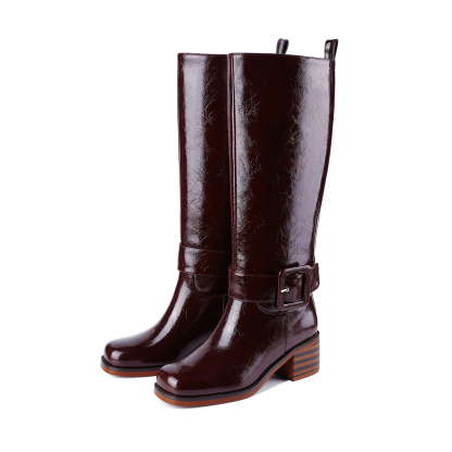 Women's Banana Knee High Boots Square Toe Chunky Low Heel Buckle Pull on Ridding Boots