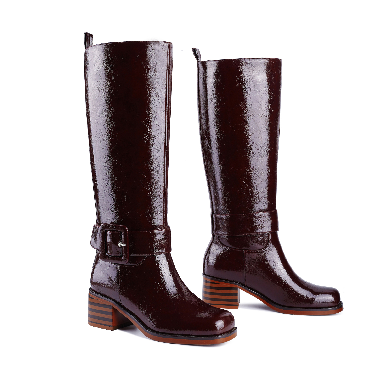 Women's Banana Knee High Boots Square Toe Chunky Low Heel Buckle Pull on Ridding Boots