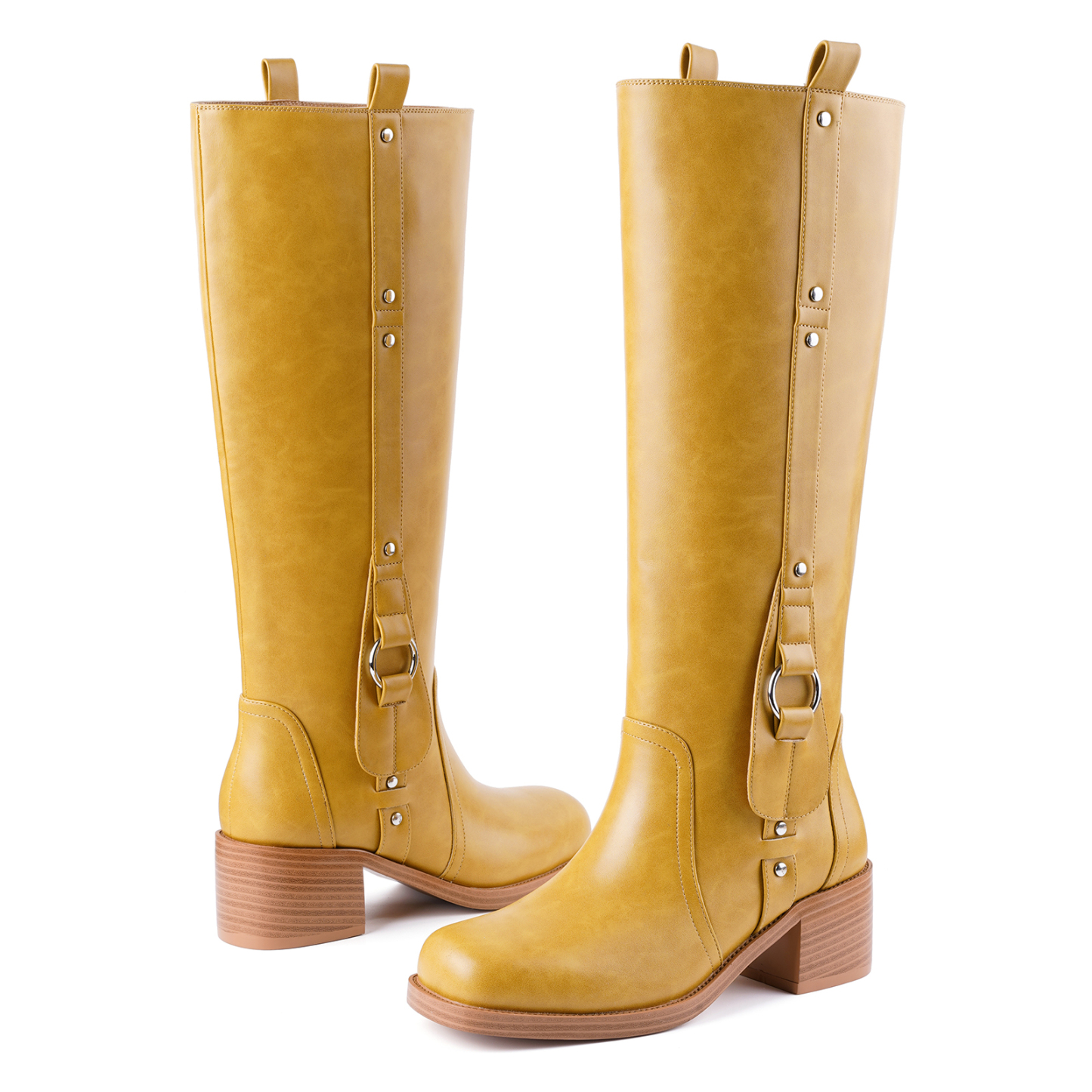 Women's Banana Knee High Boots Square Toe Chunky Low Heel Pull on Ridding Boots