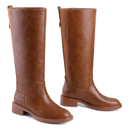 Women's Chunky Heel Knee High Boots Pull Tag Square Toe Tall Boots