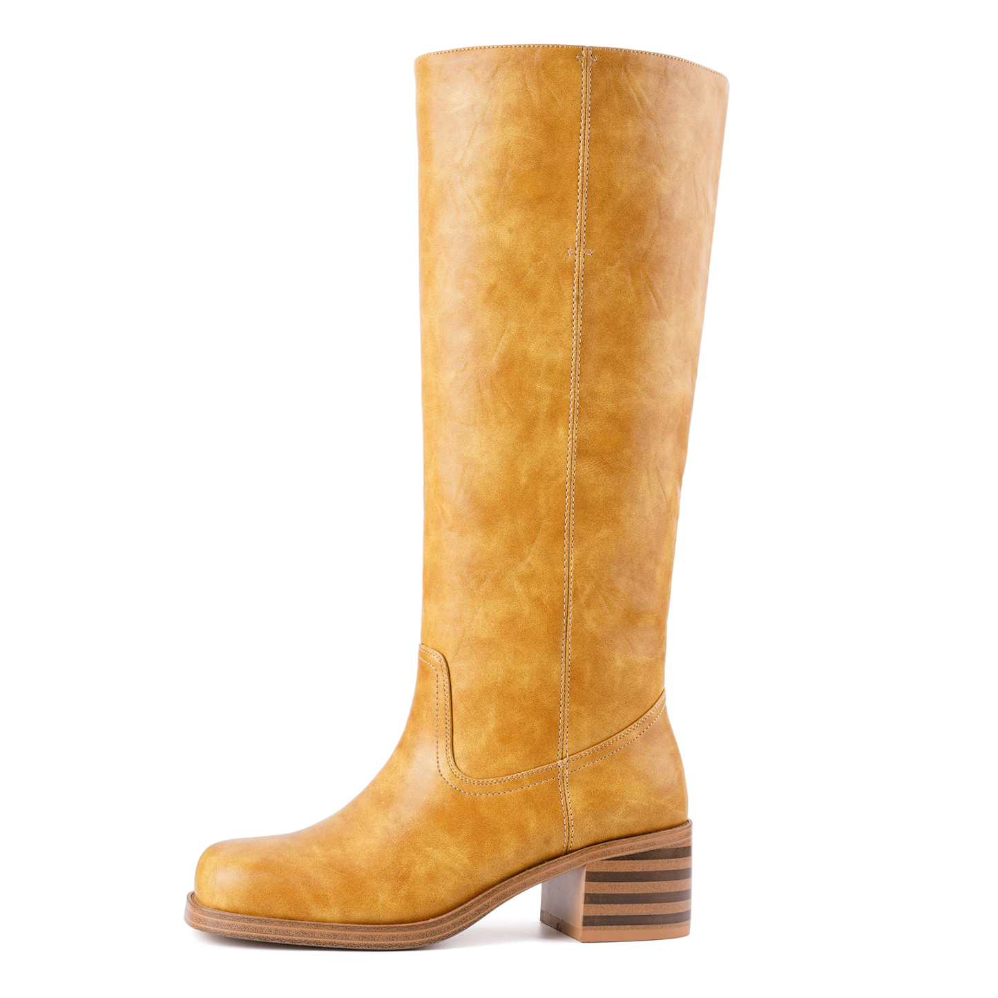 Women's Banana Knee High Boots Square Toe Chunky Low Heel Ridding Boots