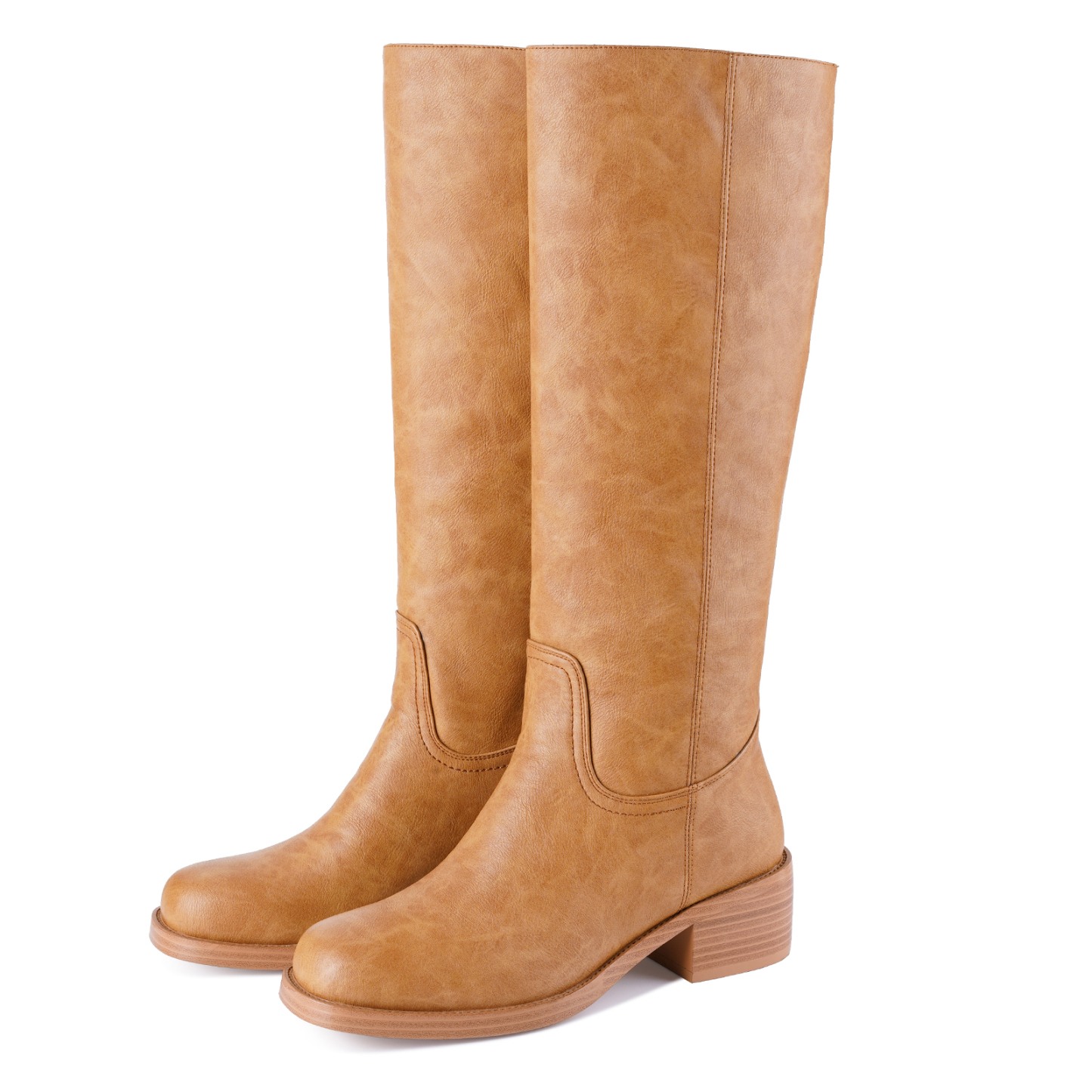 Women's Banana Knee High Boots Square Toe Chunky Low Heel Pull on Ridding Boots