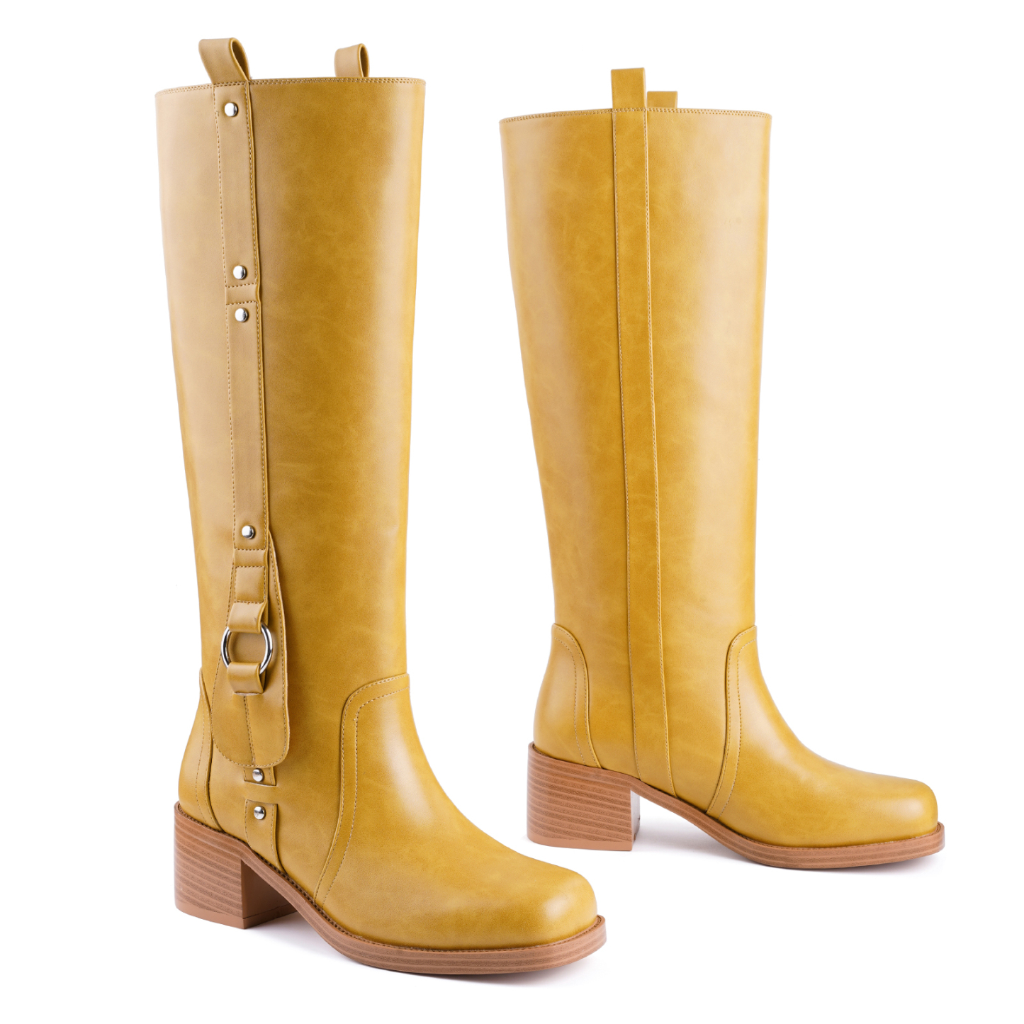 Women's Banana Knee High Boots Square Toe Chunky Low Heel Pull on Ridding Boots