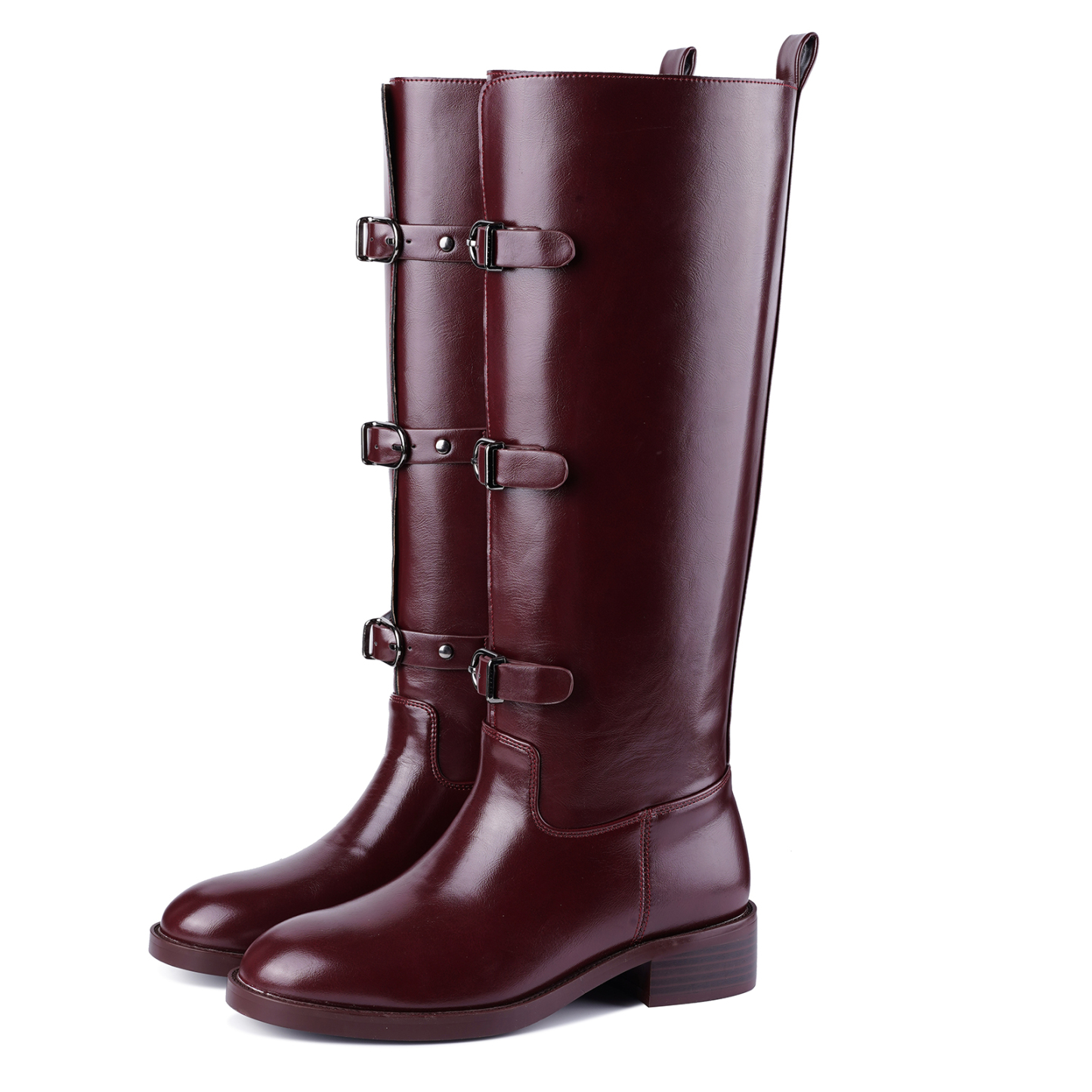 Women's Chunky Heel Knee High Boots with Buckle Strap