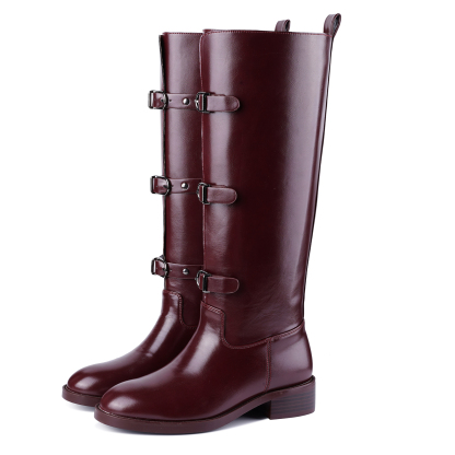 Women's Chunky Heel Knee High Boots with Buckle Strap