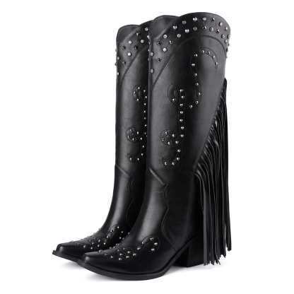 Women's Cowgirl Boots Knee High Fringe Boots Studs