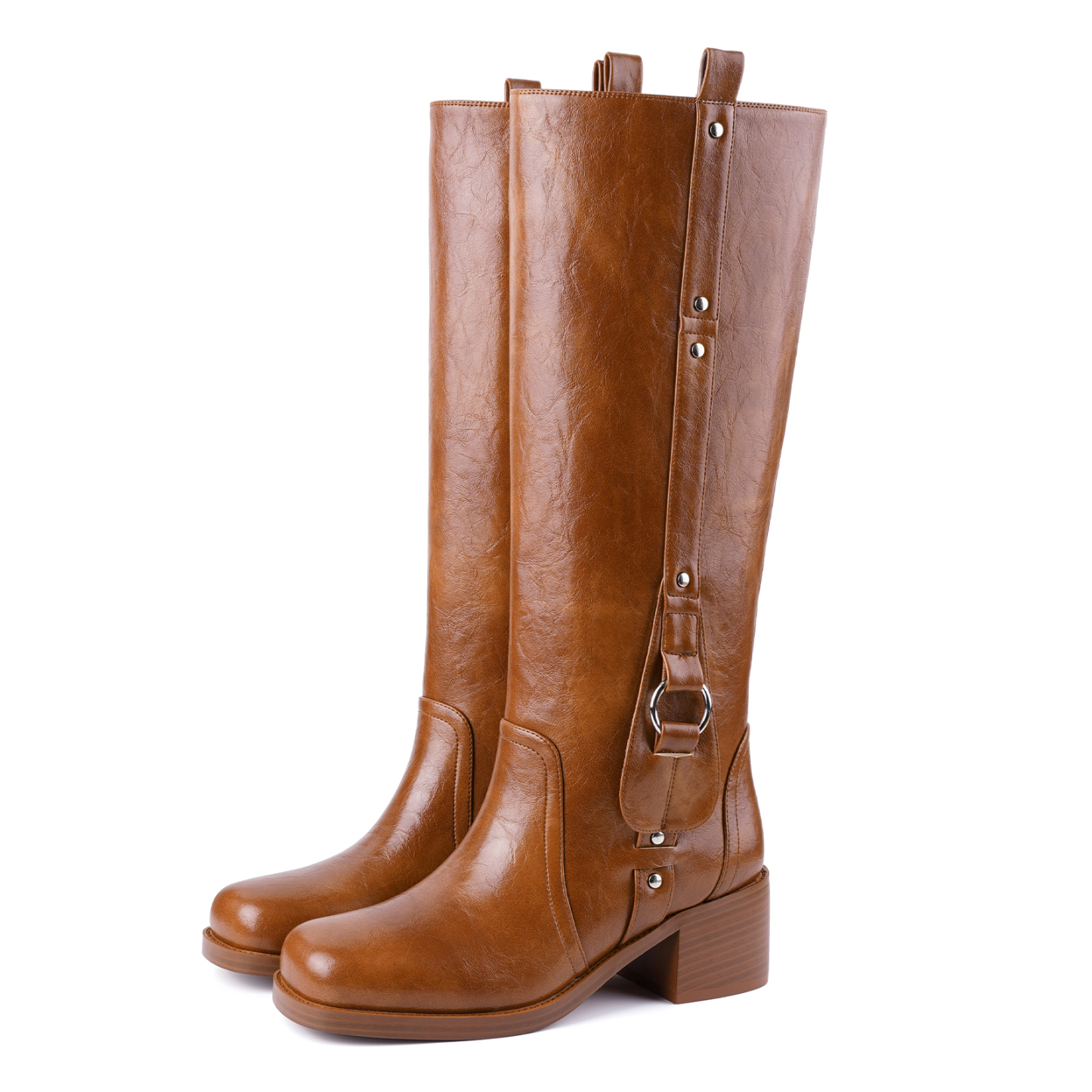 Women's Banana Knee High Boots Square Toe Chunky Low Heel Pull on Ridding Boots