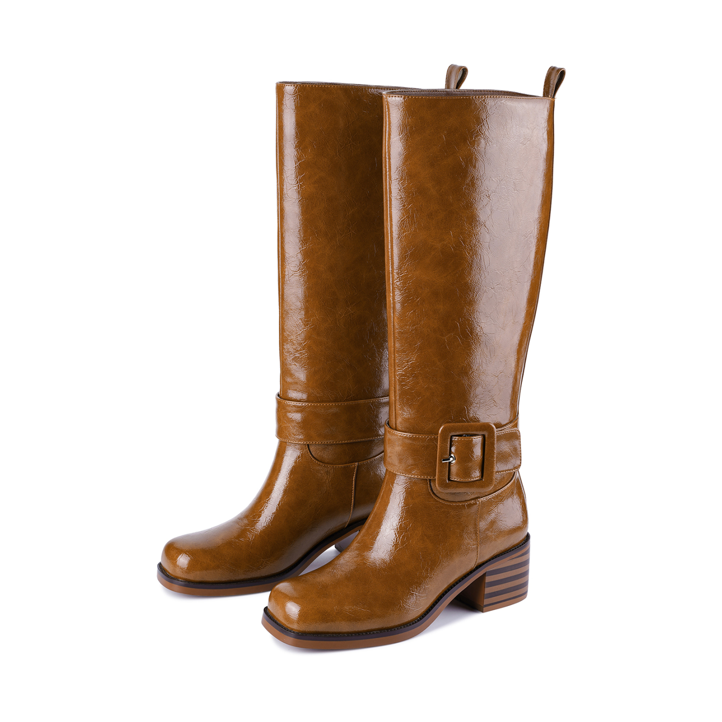 Women's Banana Knee High Boots Square Toe Chunky Low Heel Buckle Pull on Ridding Boots