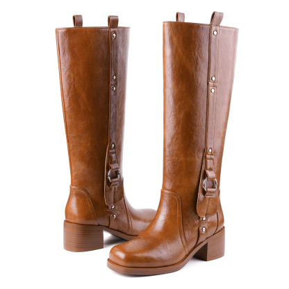 Women's Banana Knee High Boots Square Toe Chunky Low Heel Pull on Ridding Boots