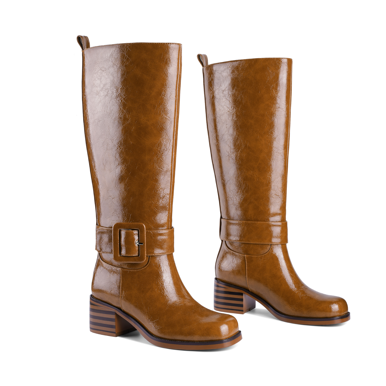 Women's Banana Knee High Boots Square Toe Chunky Low Heel Buckle Pull on Ridding Boots