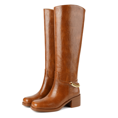 Women's Chunky Heel Knee High Boots with Gold Chain