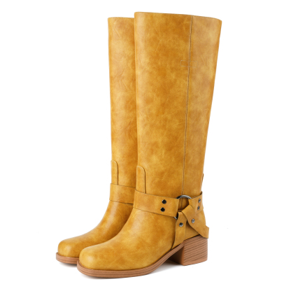 Women's Chunky Heel Knee High Boots with Buckles