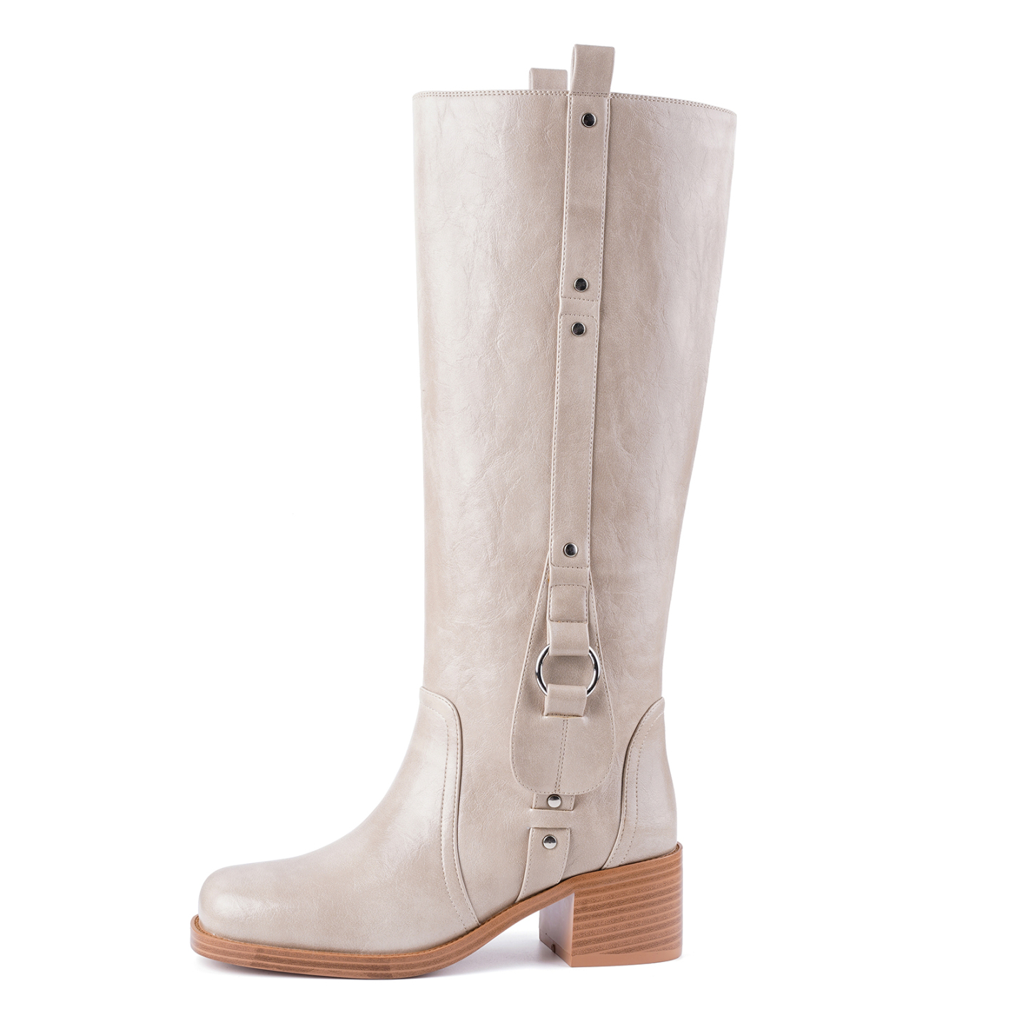 Women's Banana Knee High Boots Square Toe Chunky Low Heel Pull on Ridding Boots