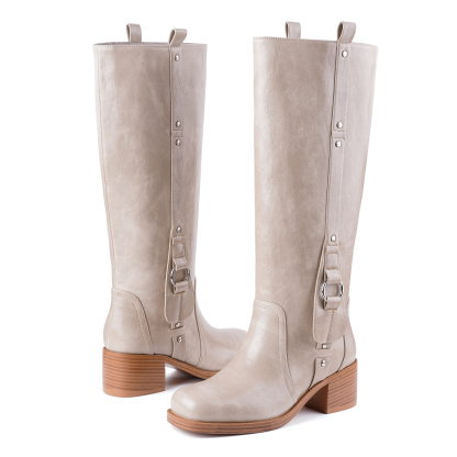 Women's Banana Knee High Boots Square Toe Chunky Low Heel Pull on Ridding Boots
