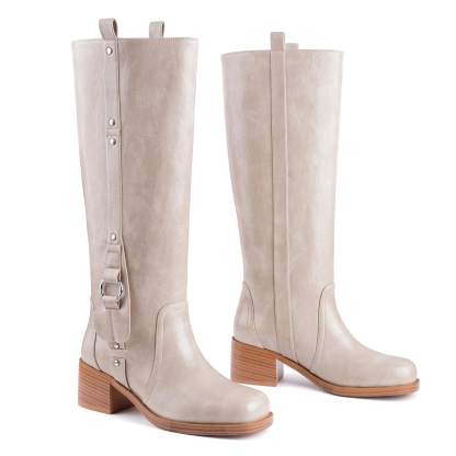 Women's Banana Knee High Boots Square Toe Chunky Low Heel Pull on Ridding Boots