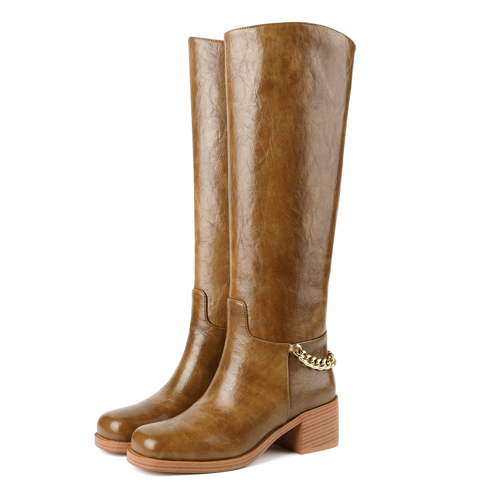 Women's Chunky Heel Knee High Boots with Gold Chain