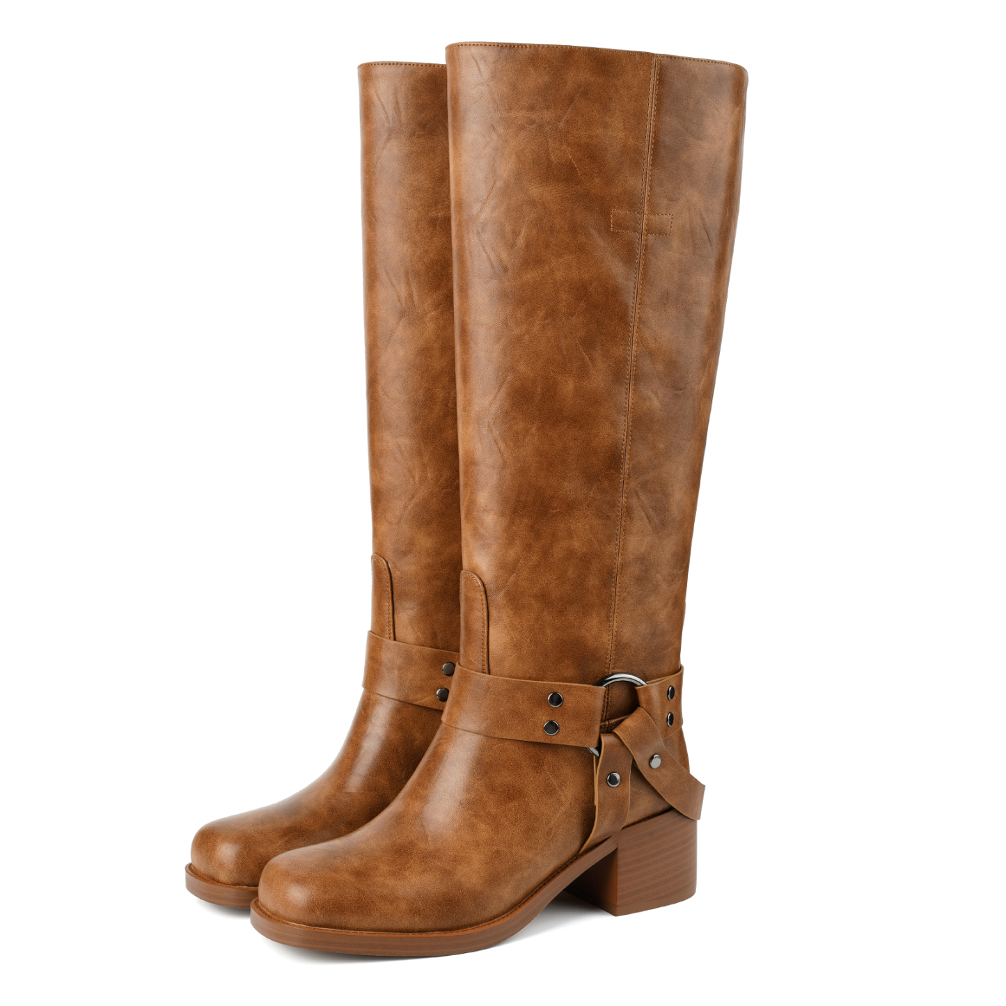 Women's Chunky Heel Knee High Boots with Buckles