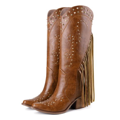 Women's Cowgirl Boots Knee High Fringe Boots Studs
