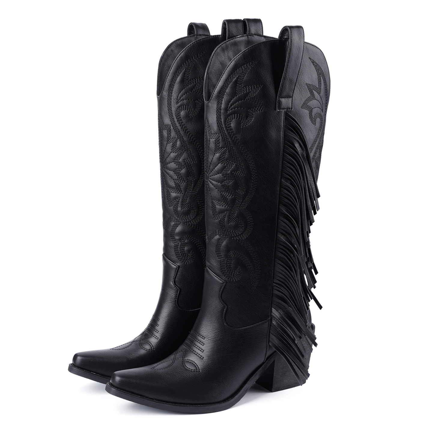 Women's Cowgirl Boots Knee High Fringe Boots Classic Embroidery Pointed Toe Pull on Retro Boots
