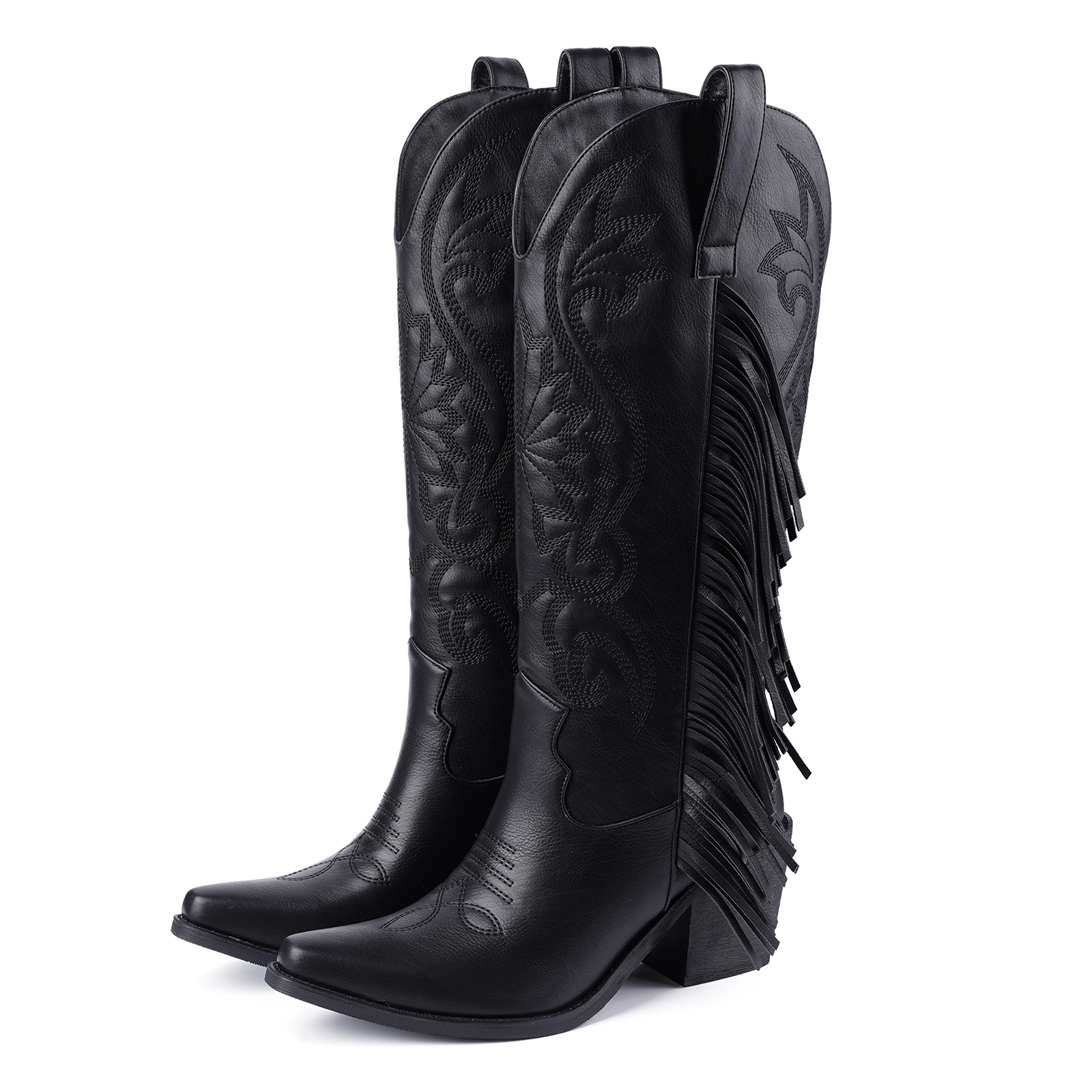 Women's Cowgirl Boots Knee High Fringe Boots Classic Embroidery Pointed Toe Pull on Retro Boots