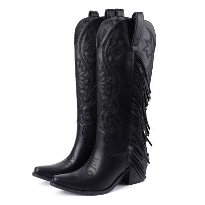 Women's Cowgirl Boots Knee High Fringe Boots Classic Embroidery Pointed Toe Pull on Retro Boots