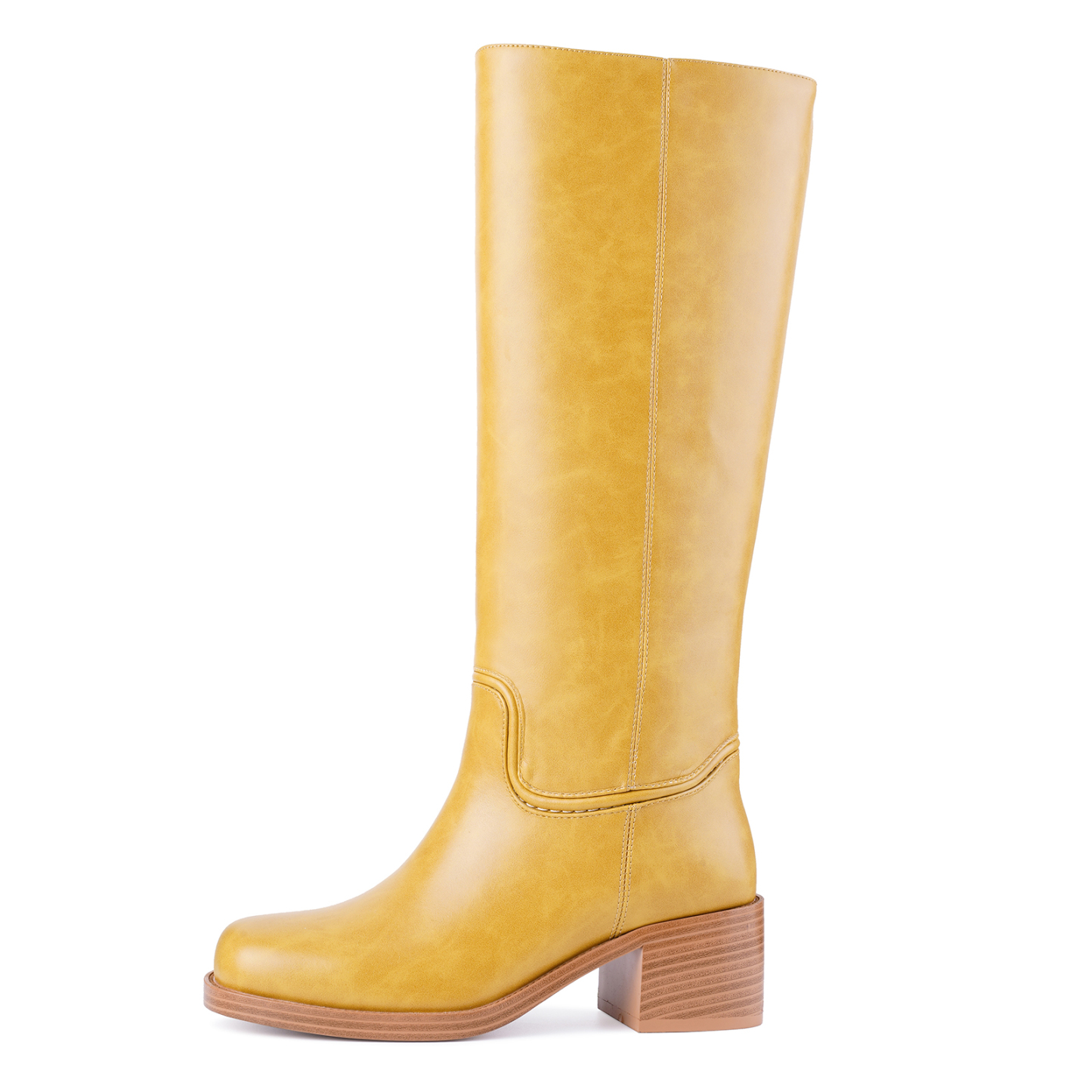 Women's Banana Knee High Boots Square Toe Chunky Low Heel Pull on Ridding Boots