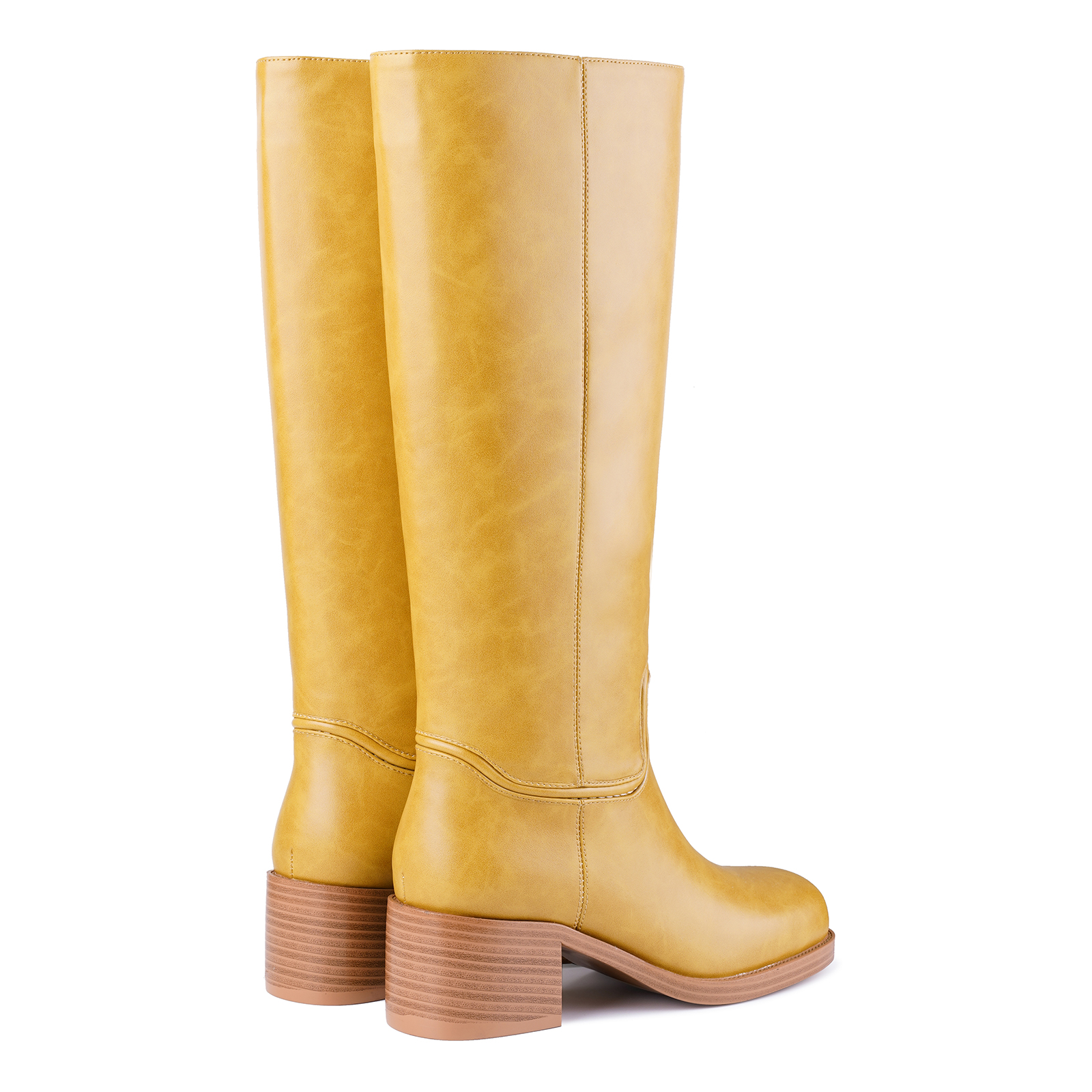 Women's Banana Knee High Boots Square Toe Chunky Low Heel Pull on Ridding Boots