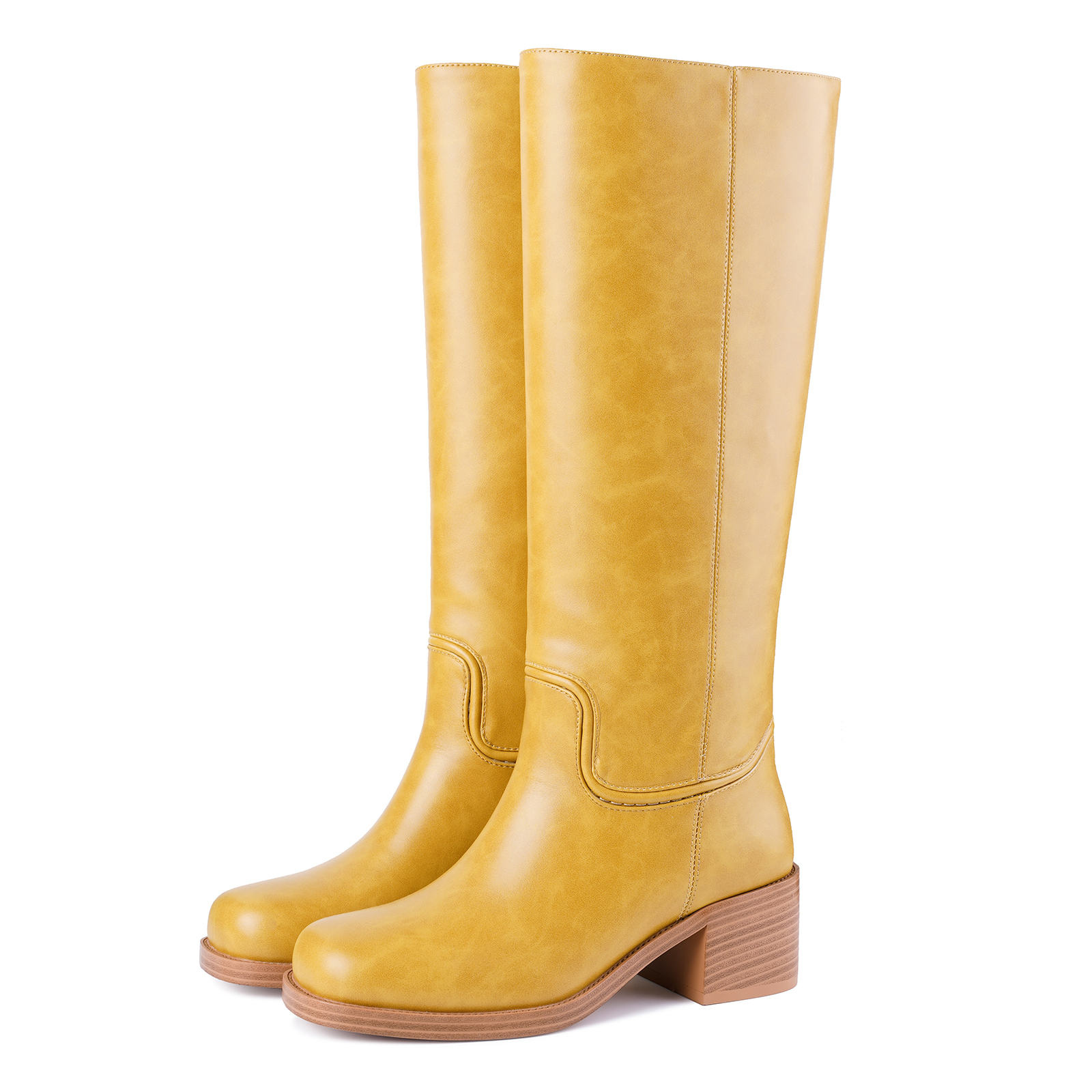 Women's Banana Knee High Boots Square Toe Chunky Low Heel Pull on Ridding Boots