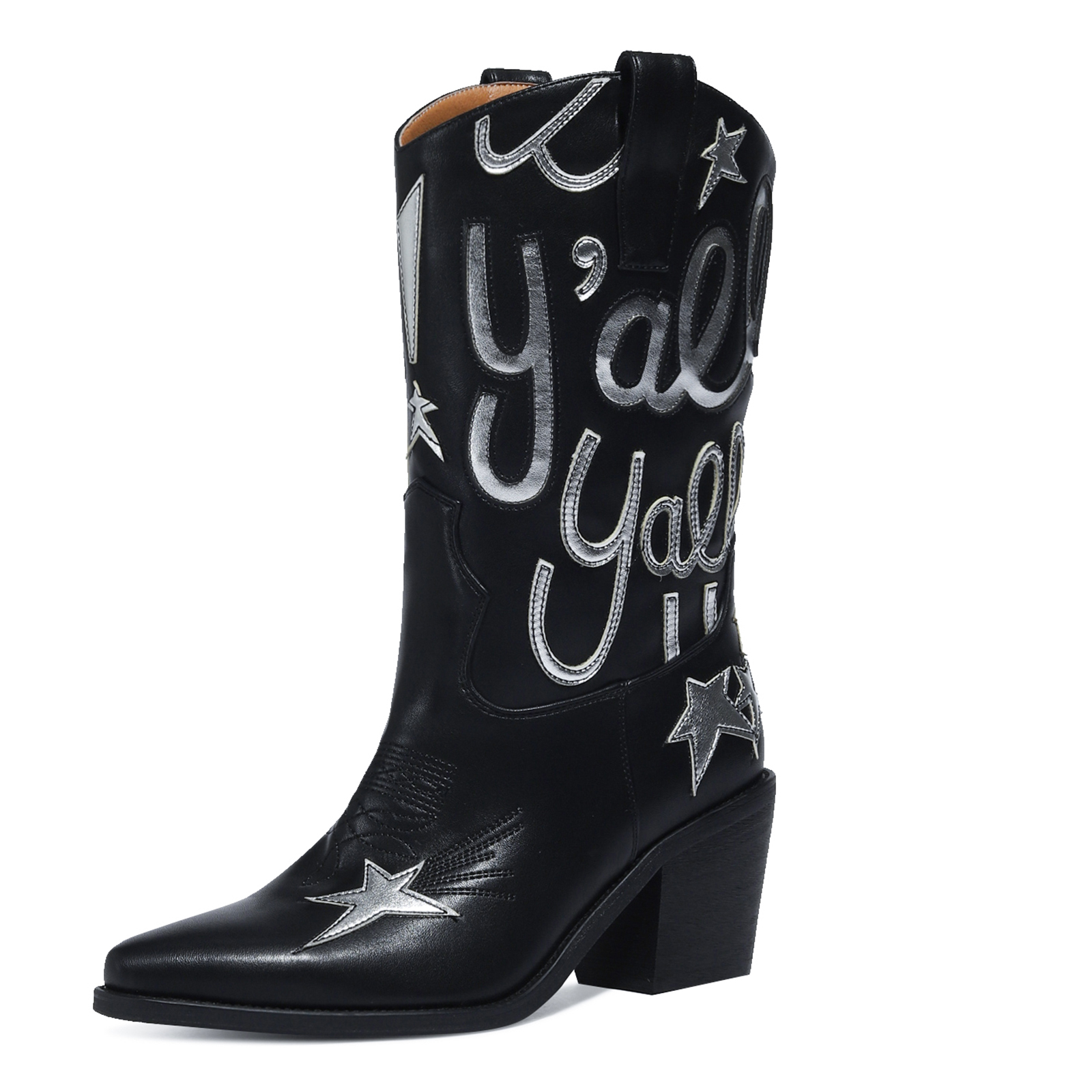 Women's Metallic Cowboy Boots Fashion Embroidery Pointed Toe Pull On Western Boots