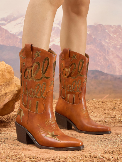 Women's Metallic Cowboy Boots Fashion Embroidery Pointed Toe Pull On Western Boots