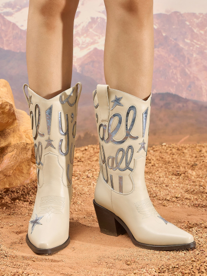 Women's Metallic Cowboy Boots Fashion Embroidery Pointed Toe Pull On Western Boots