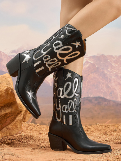 Women's Metallic Cowboy Boots Fashion Embroidery Pointed Toe Pull On Western Boots