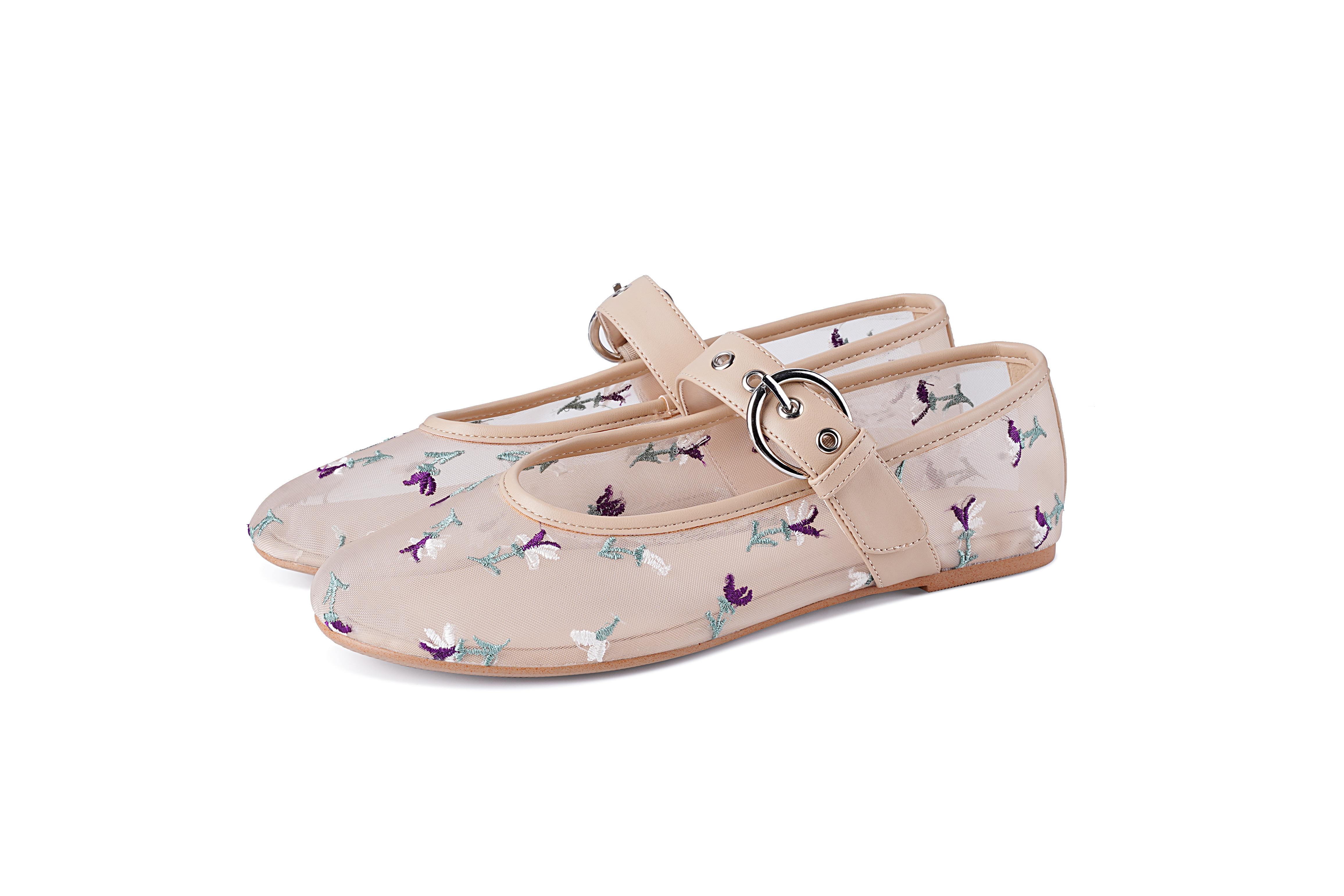 Mesh Ballet Flats for Women Embroidered Floral Round Toe Mary Jane Flats